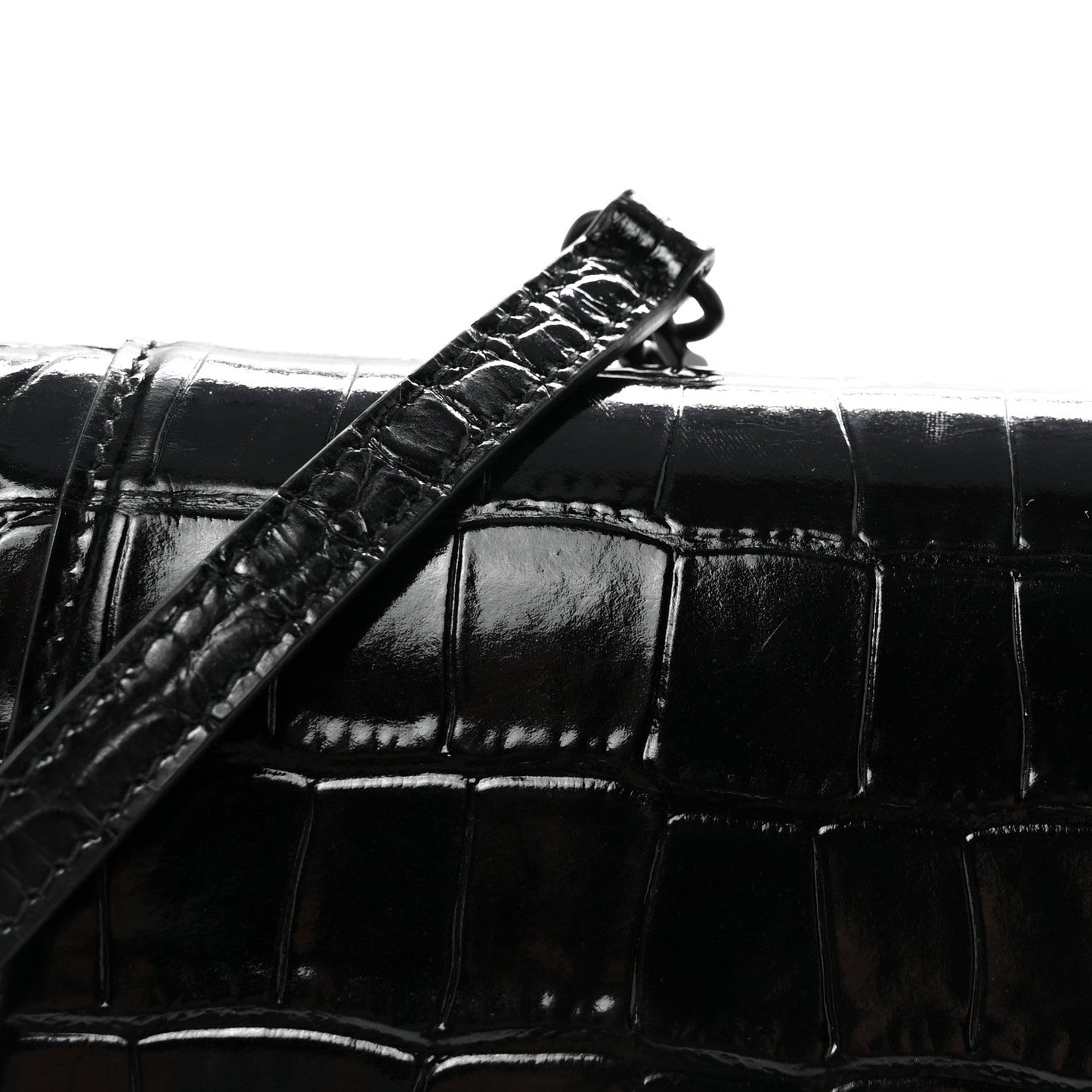 Shiny Calfskin Monochrome Crocodile Embossed Small Hourglass Evening Chain Bag Black
