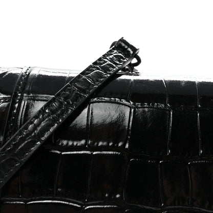 Shiny Calfskin Monochrome Crocodile Embossed Small Hourglass Evening Chain Bag Black