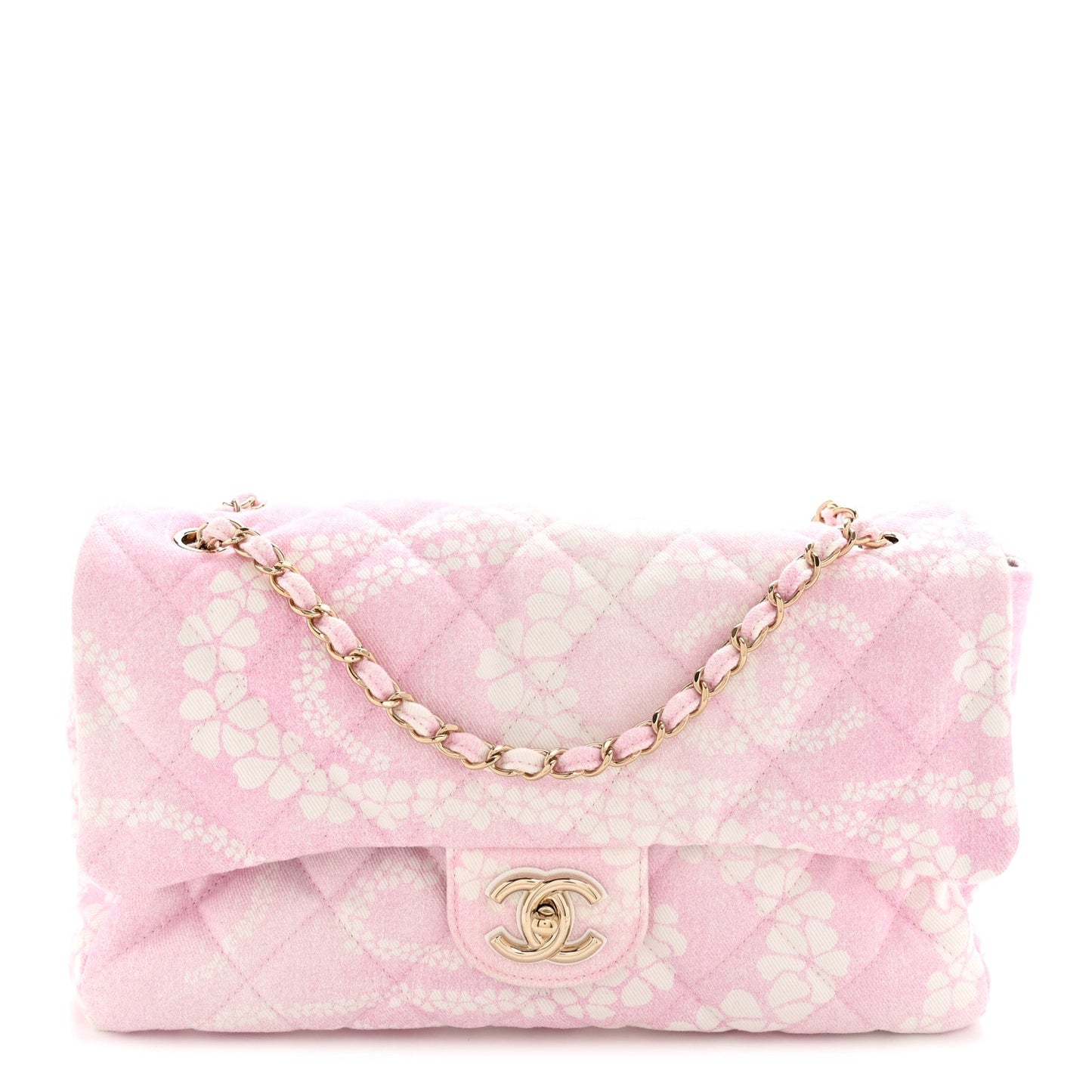Printed Denim Quilted Medium Single Flap Bag Pink White