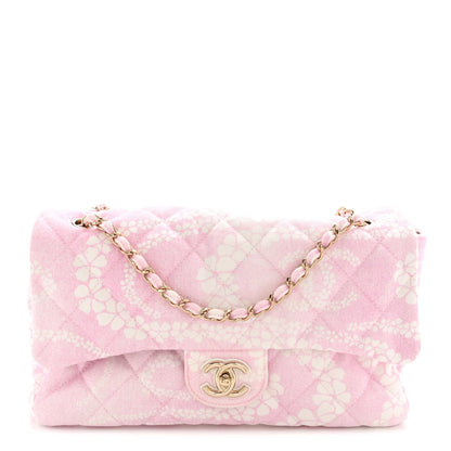 Printed Denim Quilted Medium Single Flap Bag Pink White