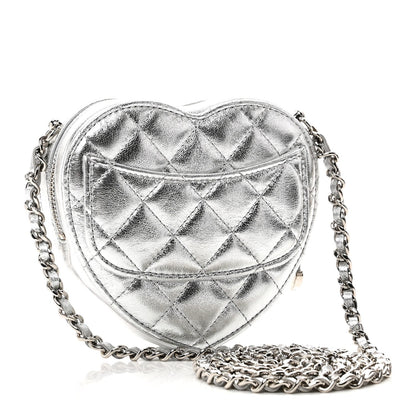 Metallic Lambskin Quilted CC In Love Heart Clutch With Chain Silver