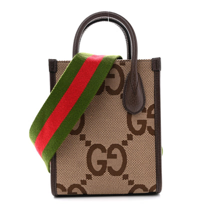 Monogram Jumbo GG Textured Dollar Calfskin Web Mini Vertical Tote Camel Ebony New Acero