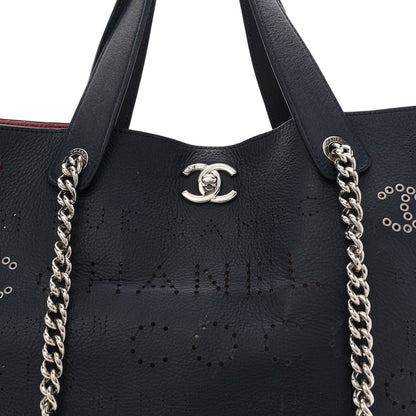 Calfskin Tweed Small Logo Eyelets Shopping Tote Navy Blue