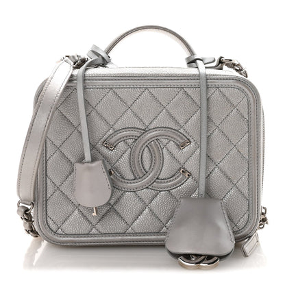 Metallic Caviar Quilted Medium CC Filigree Vanity Case Silver