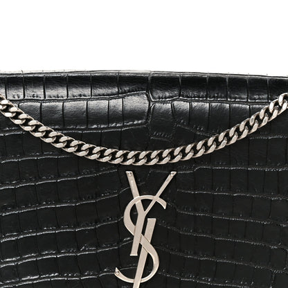 Calfskin Crocodile Embossed Medium Classic Monogram Kate Tassel Satchel Black