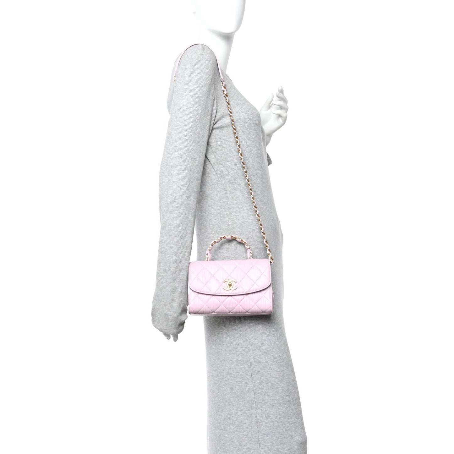 Crumpled Lambskin Quilted Mini CC Links Top Handle Flap Light Pink