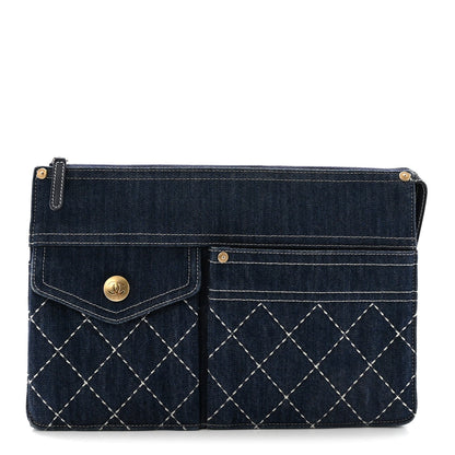 Denim Quilted Zipped Clutch Blue