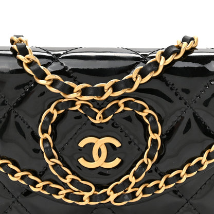 Patent Quilted Chain Around Heart Mini Chain Flap Black