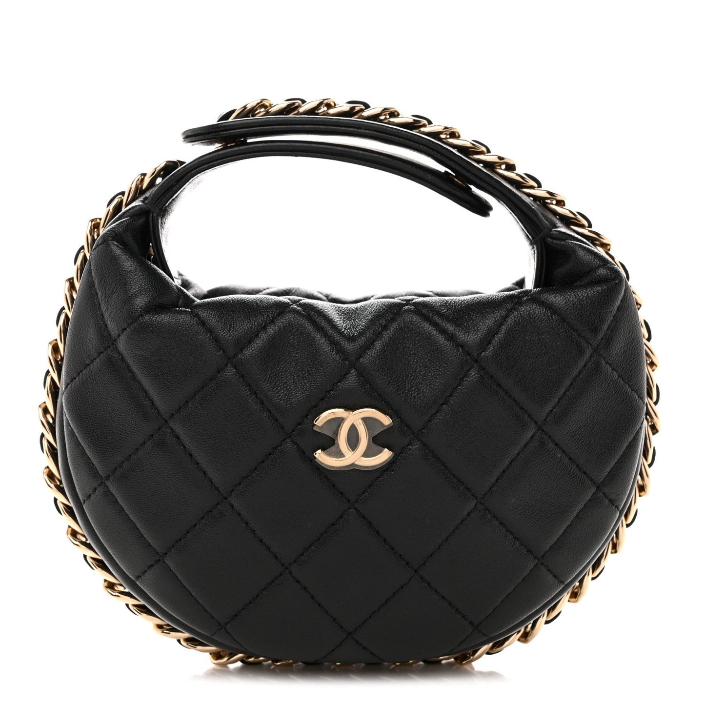 Lambskin Quilted Chain Around Pouch Hobo Black