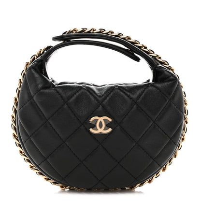 Lambskin Quilted Chain Around Pouch Hobo Black