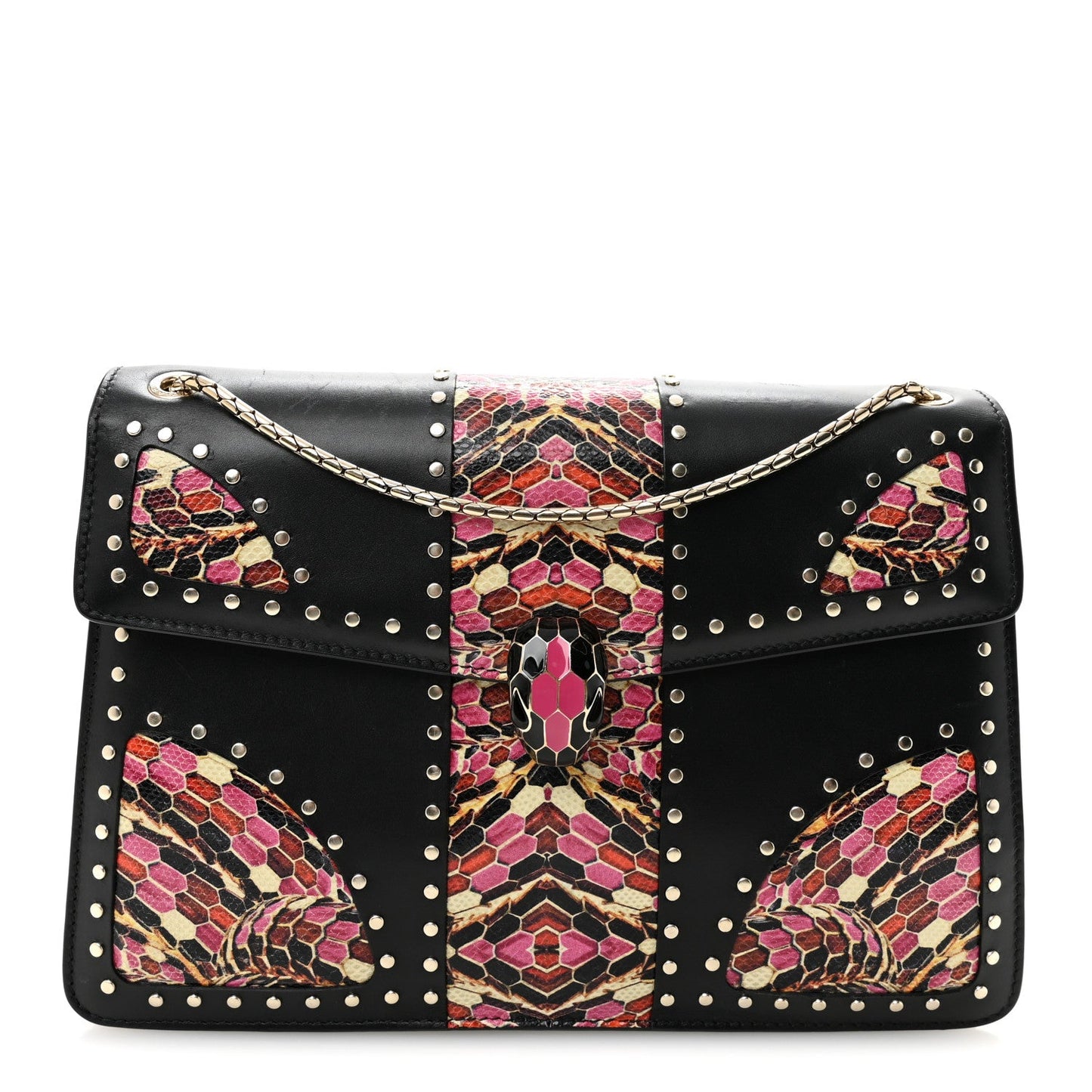Calfskin Karung Studded Serpenti Forever Shoulder Bag Black Pink Multicolor