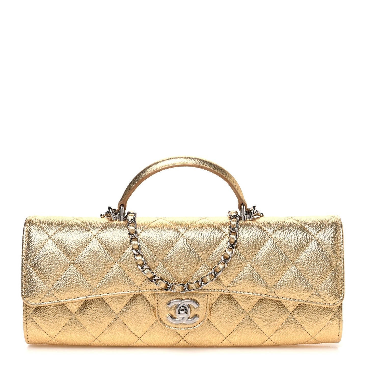 Metallic Caviar Quilted Top Handle Flap Clutch With Chain Gold