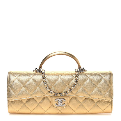 Metallic Caviar Quilted Top Handle Long Clutch With Chain Gold