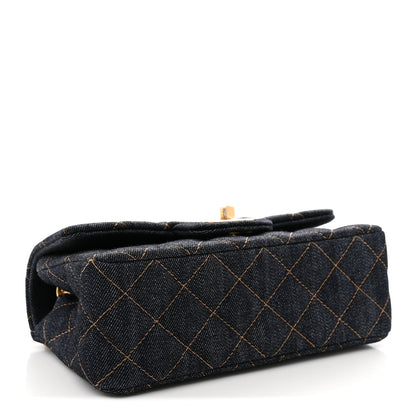 Denim Quilted Mini Rectangular Flap Dark Blue Orange