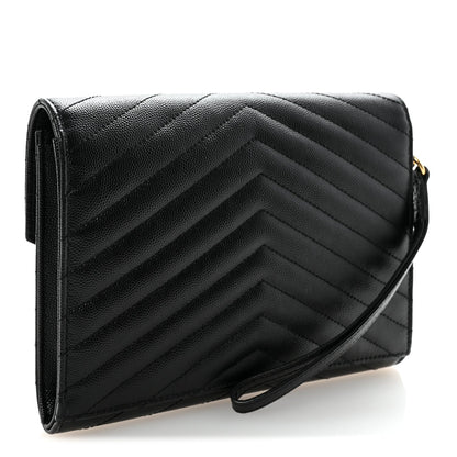 Grain De Poudre Matelasse Chevron Monogram Envelope Clutch Black