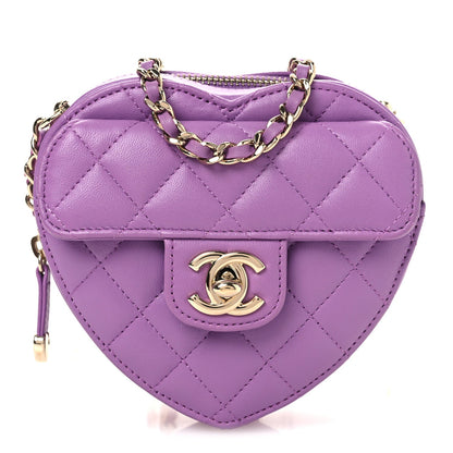 Lambskin Quilted CC In Love Heart Clutch With Chain Purple