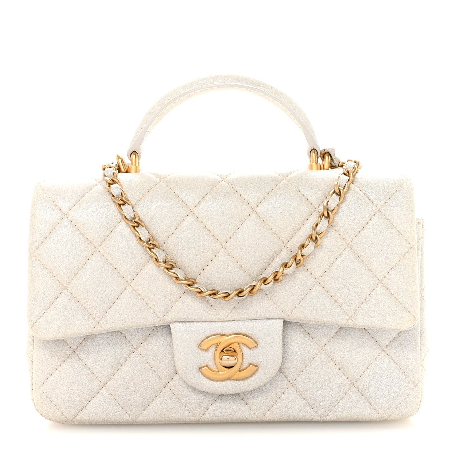 Iridescent Lambskin Quilted Mini Top Handle Rectangular Flap White