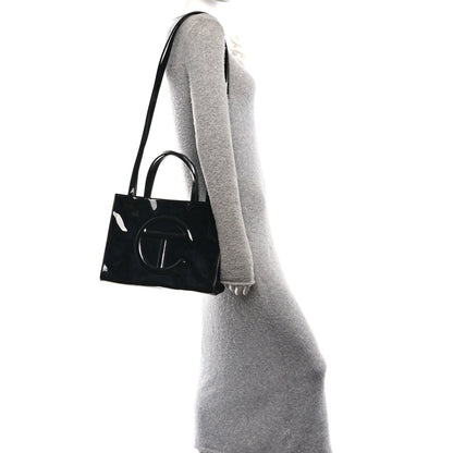 Patent Vegan Leather Shmedium Shopping Bag Black