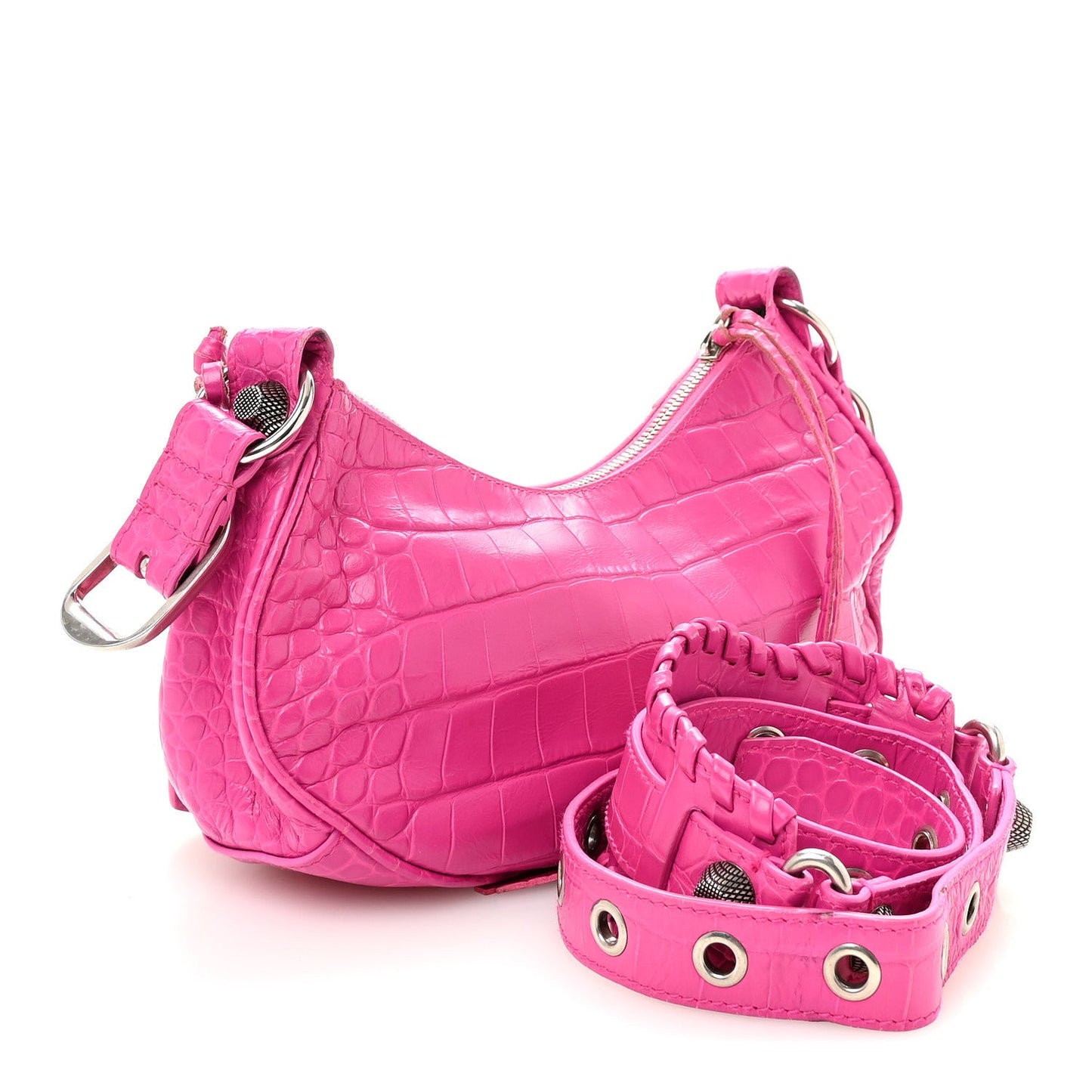 Extra Supple Calfskin Crocodile Embossed XS Le Cagole Shoulder Bag Lipstick Pink