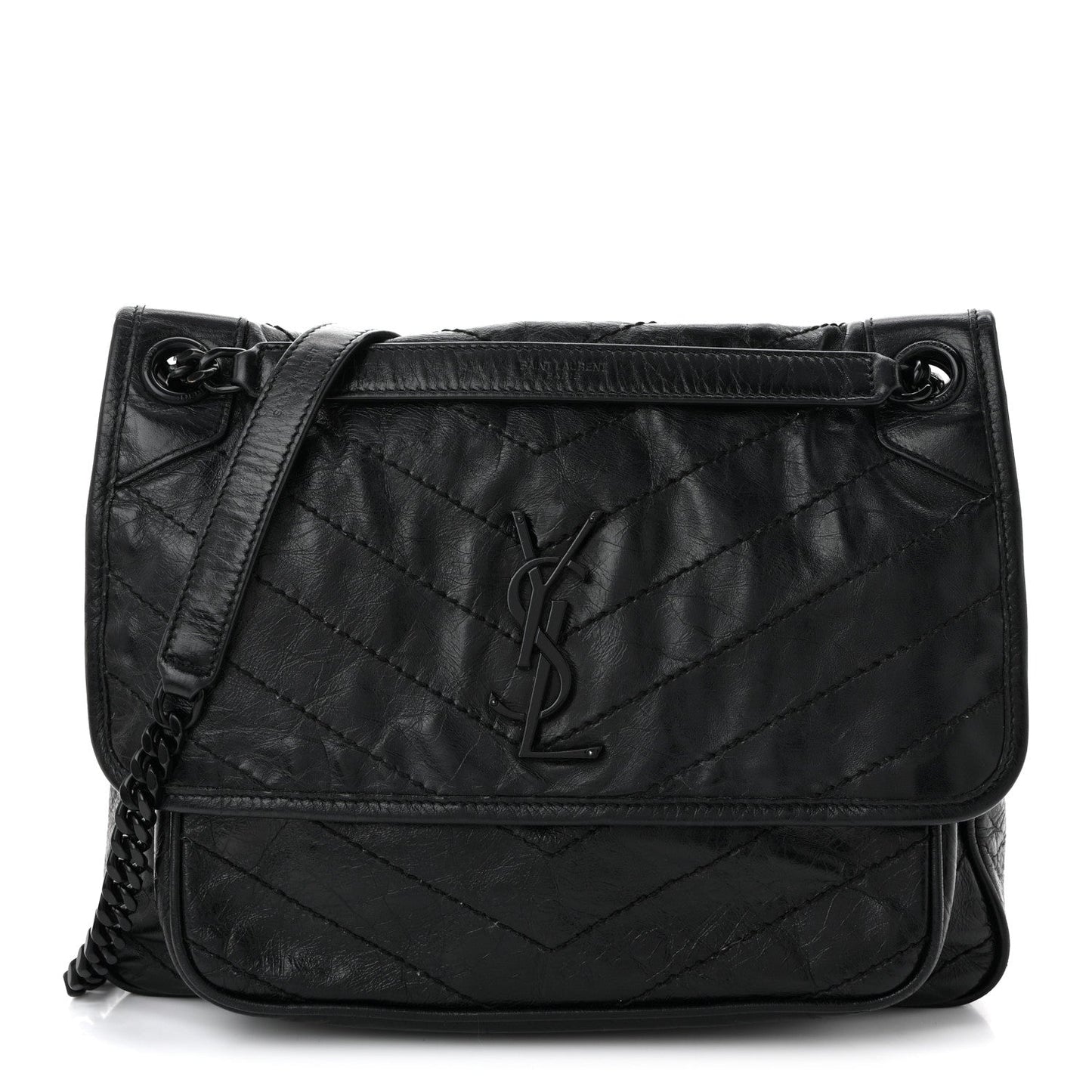 Crinkled Calfskin Matelasse Monogram Medium Niki Chain Satchel Black