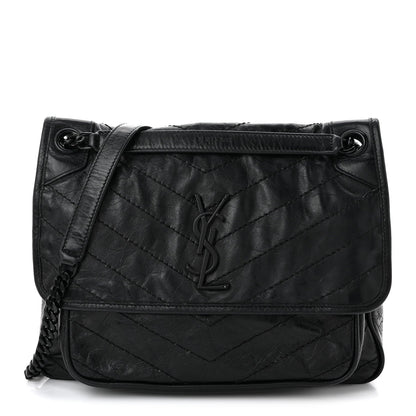 Crinkled Calfskin Matelasse Monogram Medium Niki Chain Satchel Black