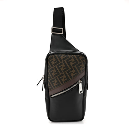 Glazed Fabric Vitello Liberty FF 1974 Diagonal Sling Bag Tobacco Moresco Black