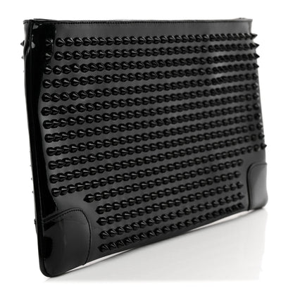 Patent Calfskin Studded Loubiposh Chain Clutch Black
