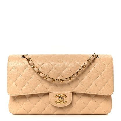 Caviar Quilted Medium Double Flap Beige