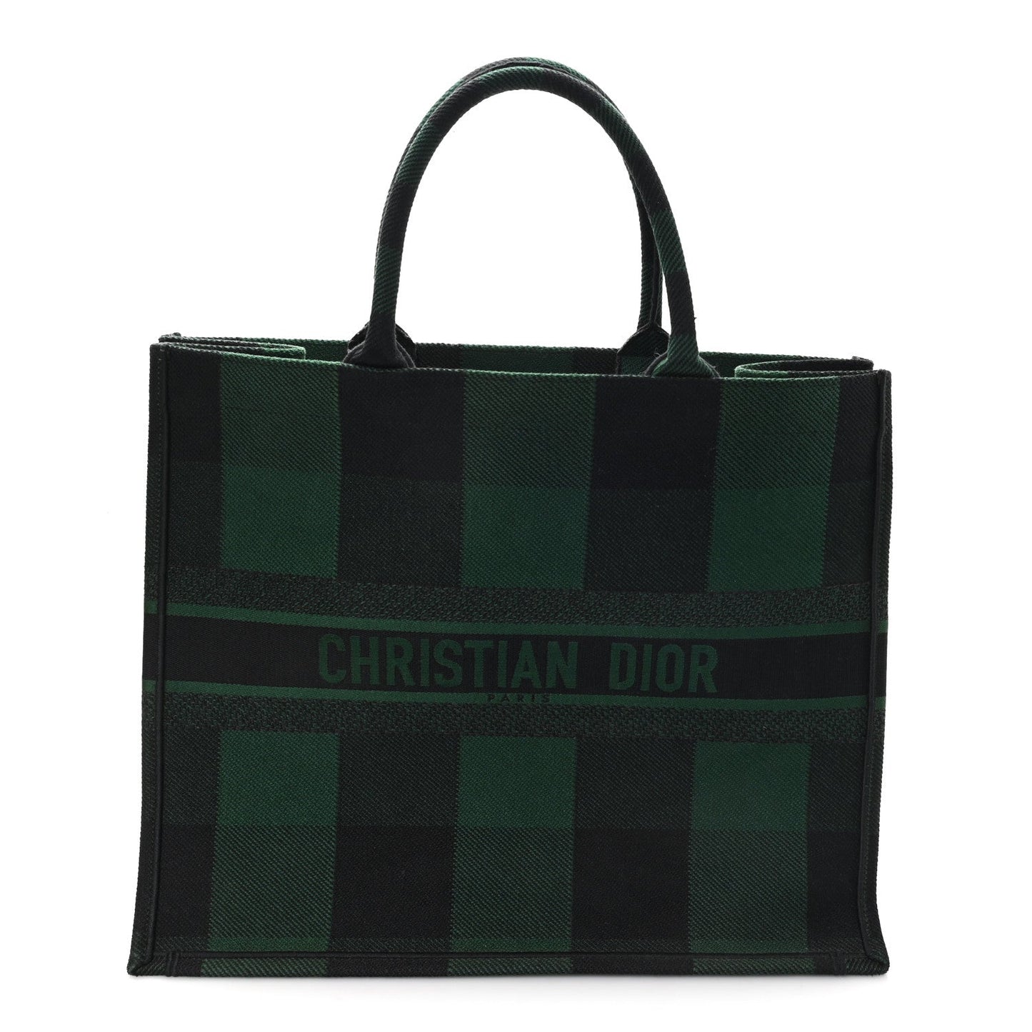 Canvas Embroidered Large Checkered Book Tote Black Green