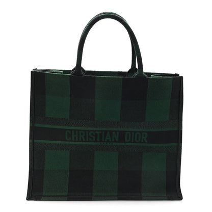 Canvas Embroidered Large Checkered Book Tote Black Green
