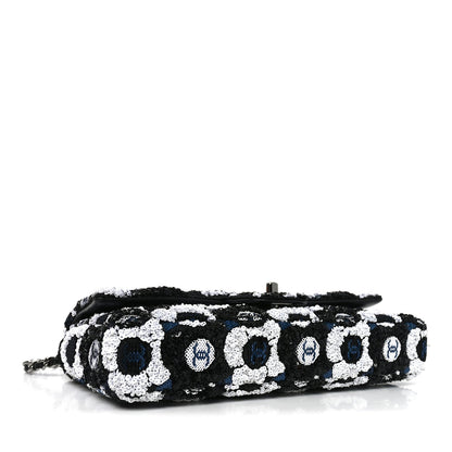 Satin Sequin Embellished Flower East West Flap Black White Blue