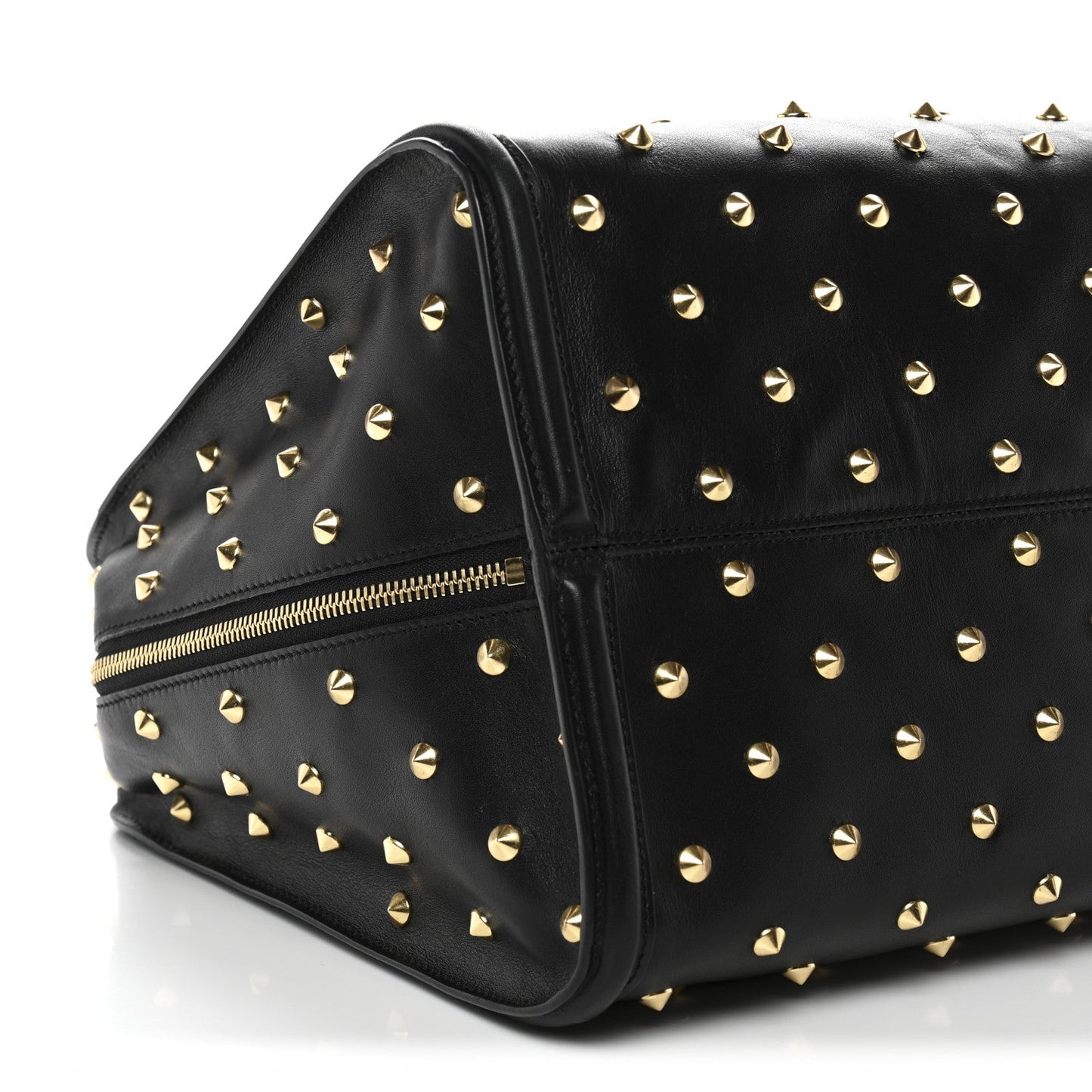 Calfskin Large Studded Padlock Zip Around Tote Black