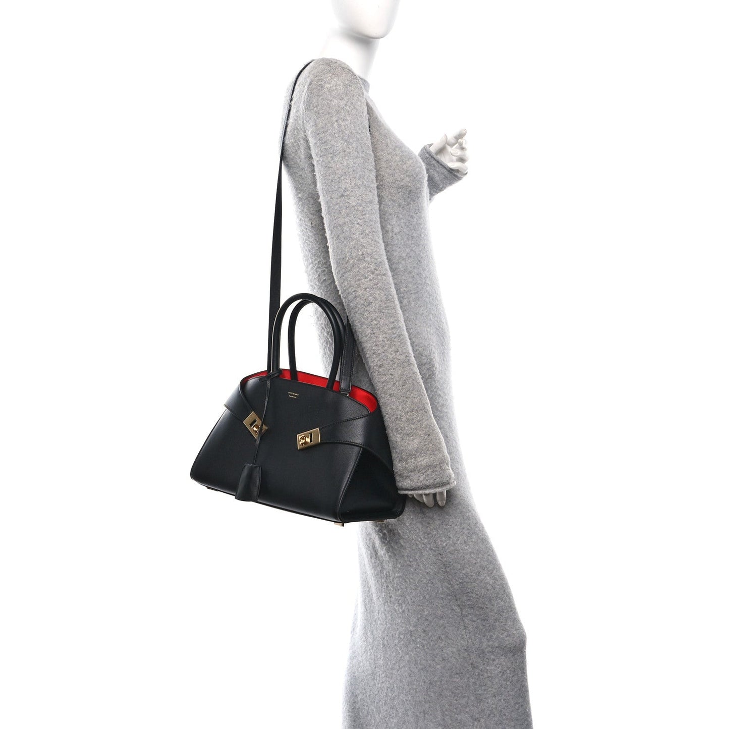 Calfskin Medium Hug Soft Bicolor Shoulder Bag Black Flame Red