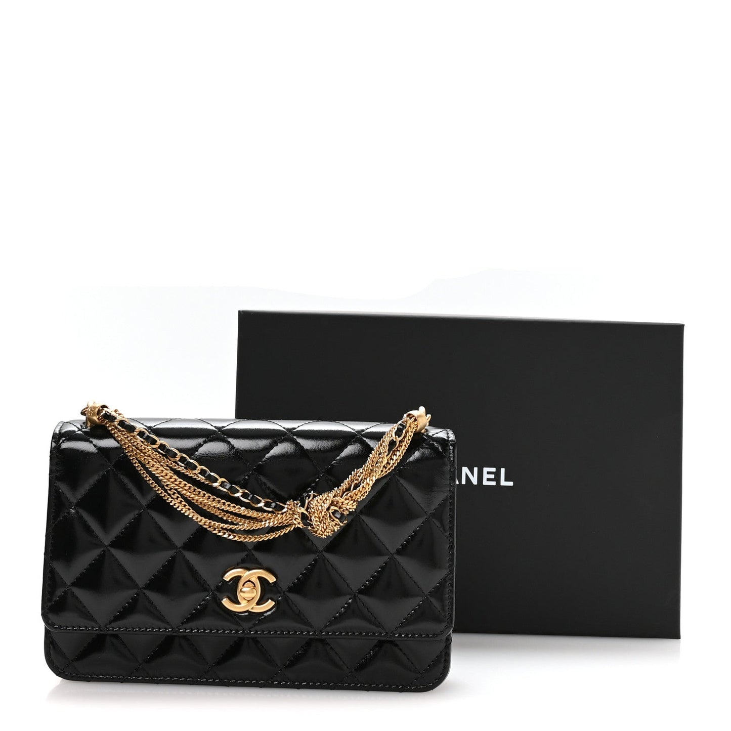 Shiny Crumpled Calfskin Quilted Precious Tie Wallet On Chain WOC Black