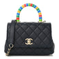 Goatskin Quilted Extra Mini Rainbow Coco Handle Flap Navy Blue