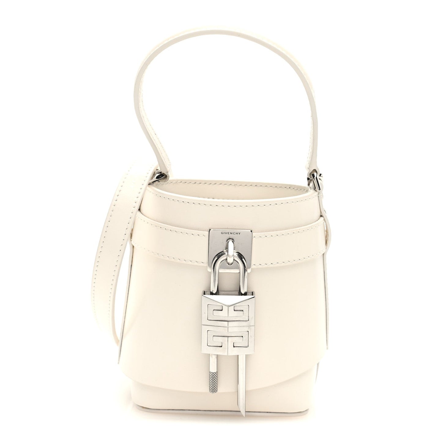 Box Calfskin Micro Shark Lock Bucket Bag White