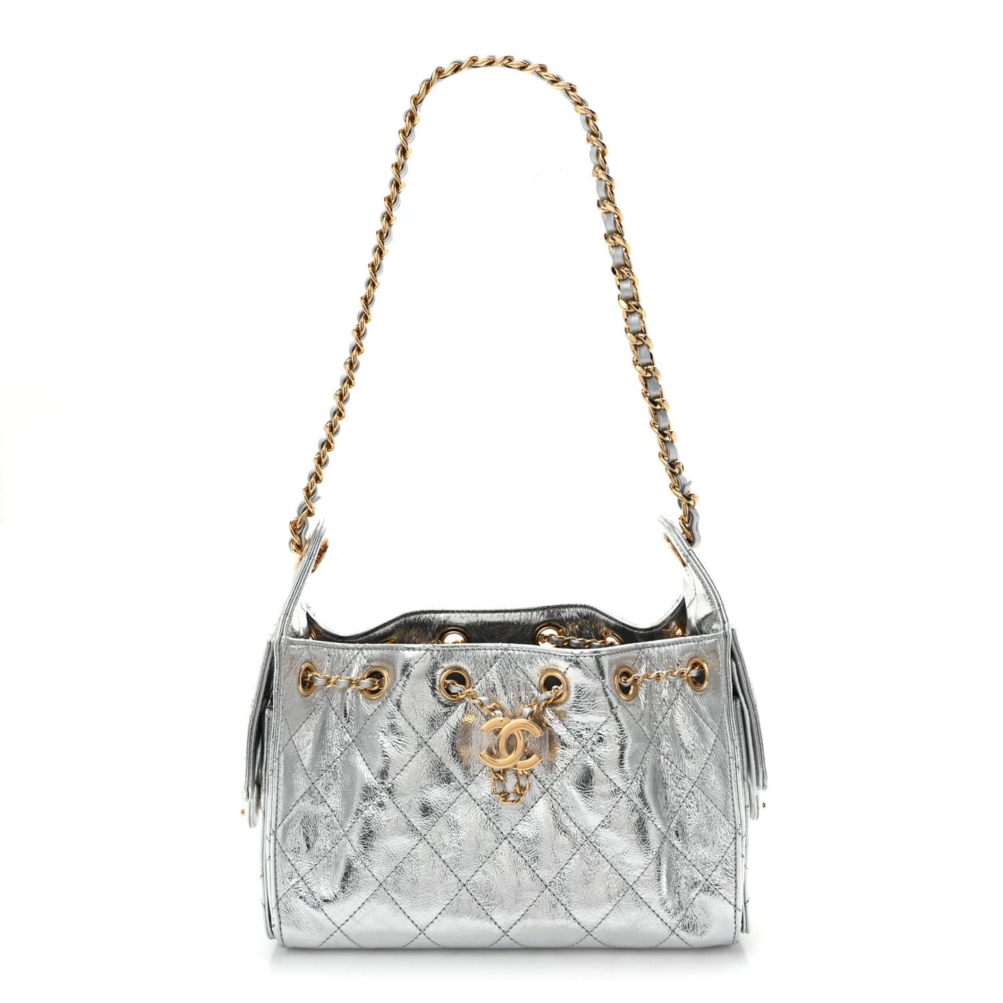 Metallic Aged Calfskin Mini Chanel 25 Handbag Silver