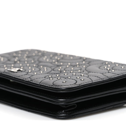 Lambskin Camellia Studded Wallet on Chain WOC Black