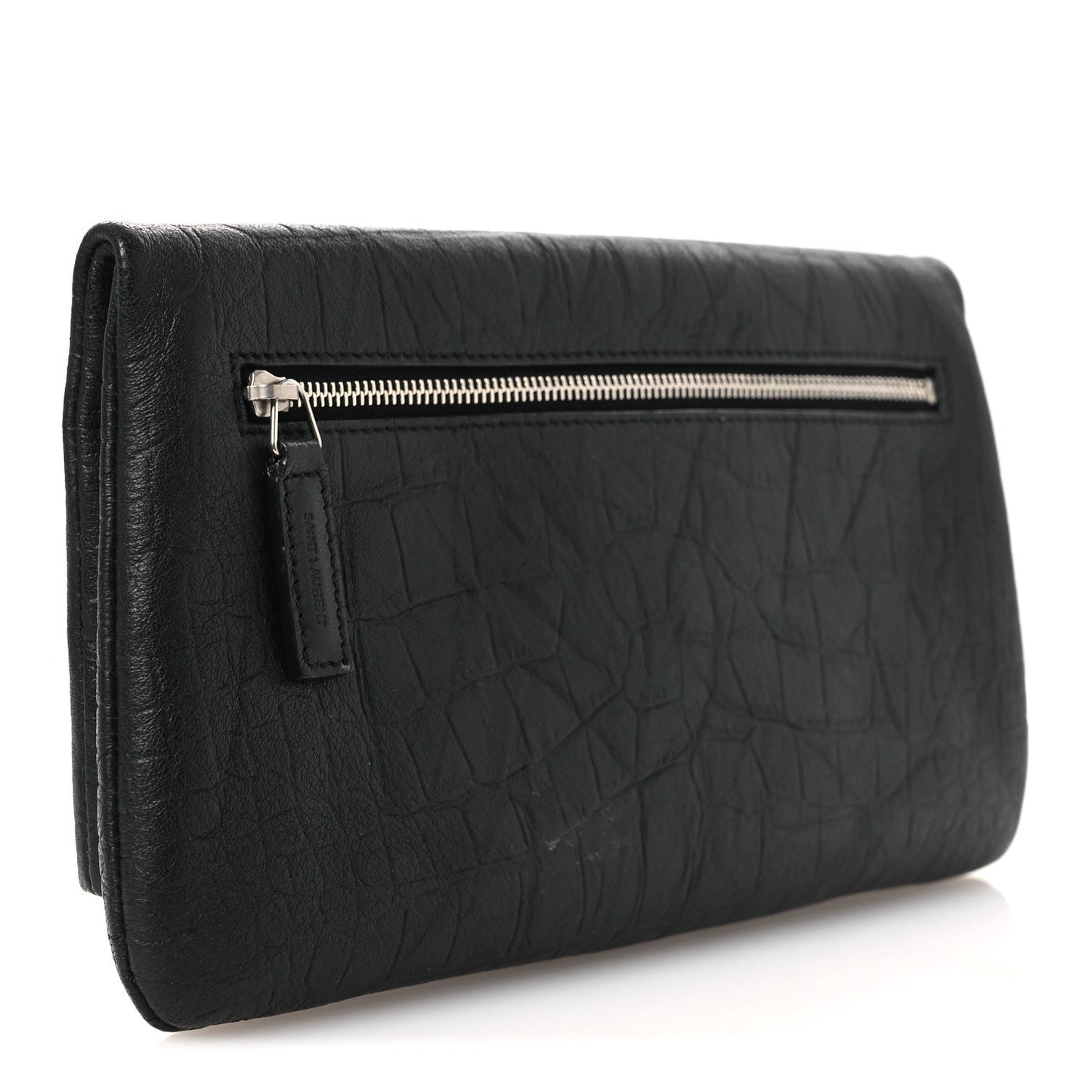 Calfskin Crocodile Embossed West Hollywood Monogram Fold Over Clutch Black