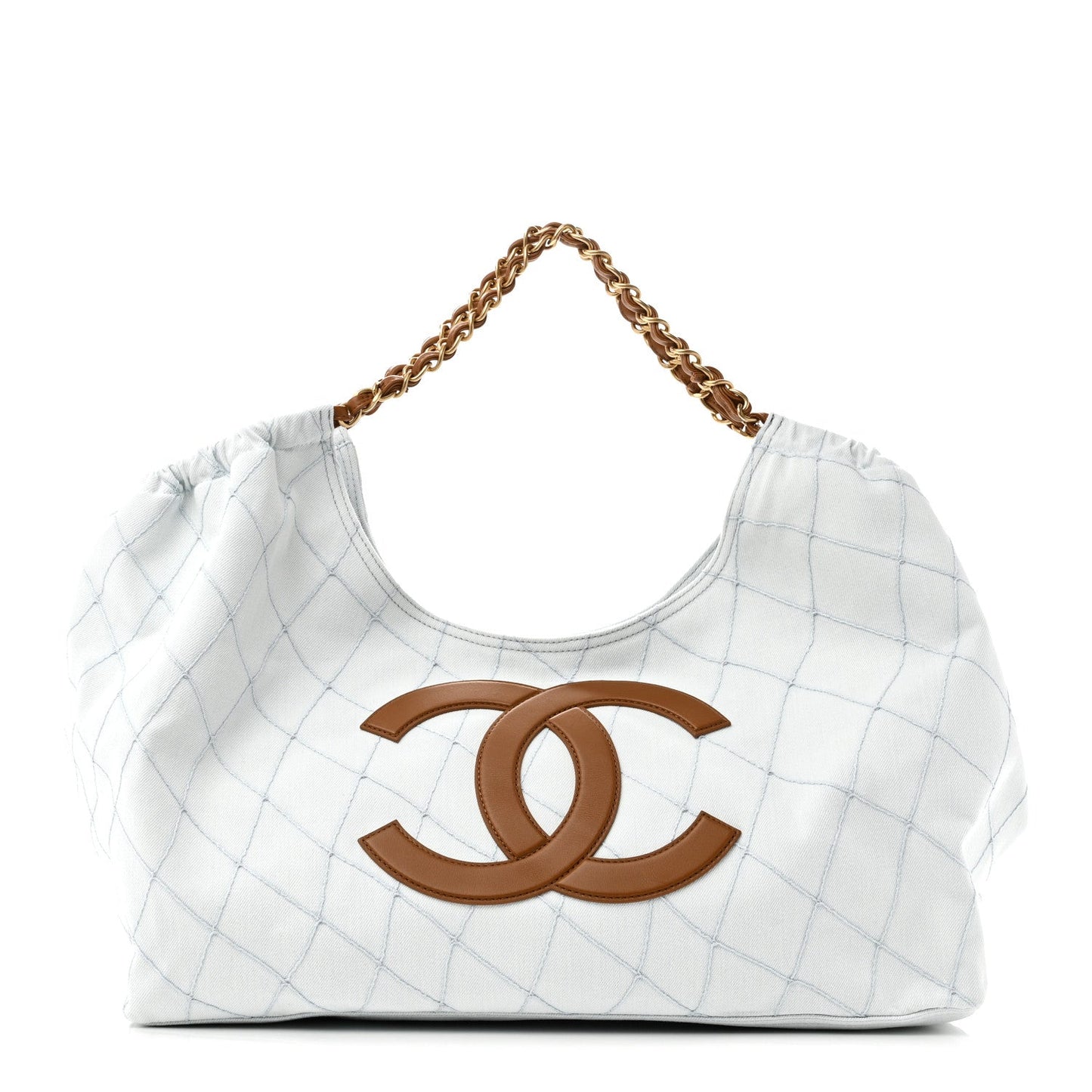 Denim Calfskin Quilted Coco Beach Small Shopping Tote Light Blue Brown