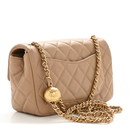 Lambskin Quilted Mini Rectangular Pearl Crush Flap Beige