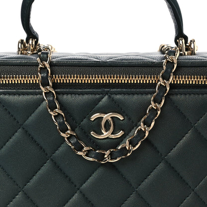 Iridescent Lambskin Quilted Small Top Handle Vanity Case With Chain Green