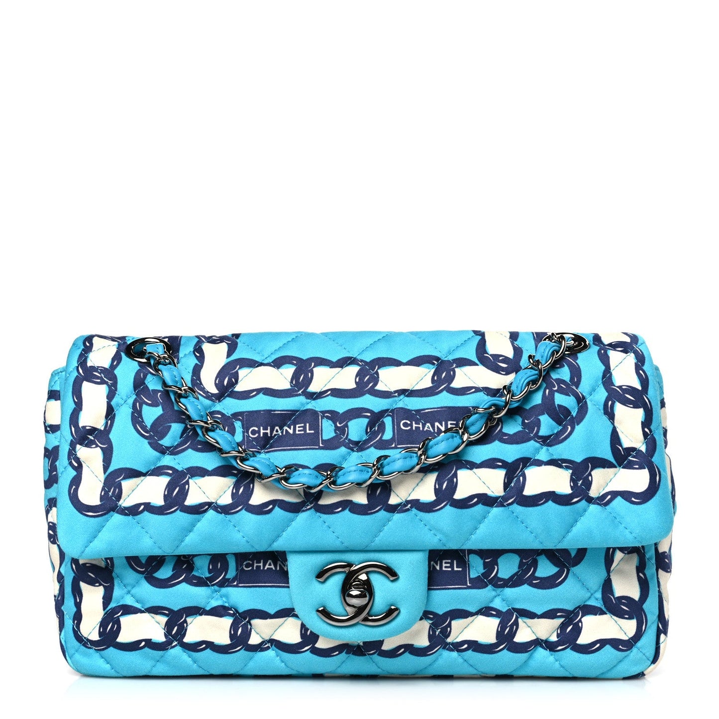 Silk Chain Printed Medium Single Flap Blue