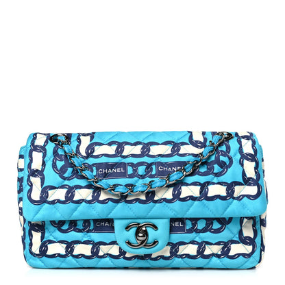 Silk Chain Printed Medium Single Flap Blue