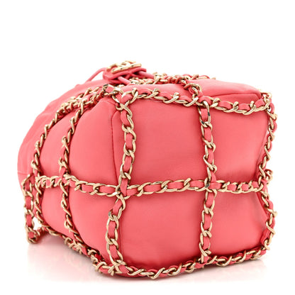 Lambskin Bucket Chain Drawstring Bag Pink