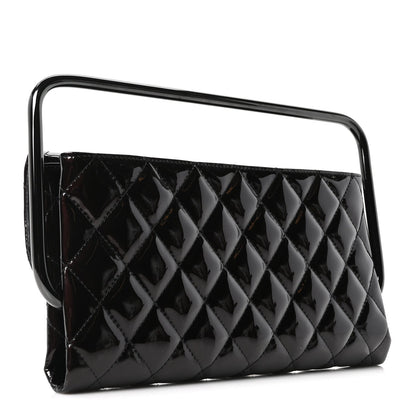 Patent Calfskin Quilted Metal Handle Clutch So Black