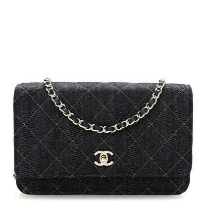 Denim Quilted CC Turnlock Wallet On Chain WOC Dark Blue Orange