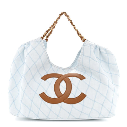 Denim Calfskin Quilted Coco Beach Small Shopping Tote Light Blue Brown