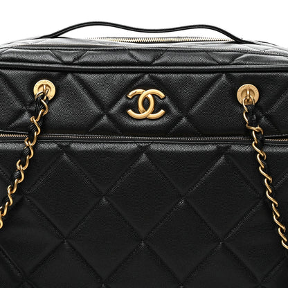 Shiny Grained Calfskin Quilted Travel Bowling Bag Black