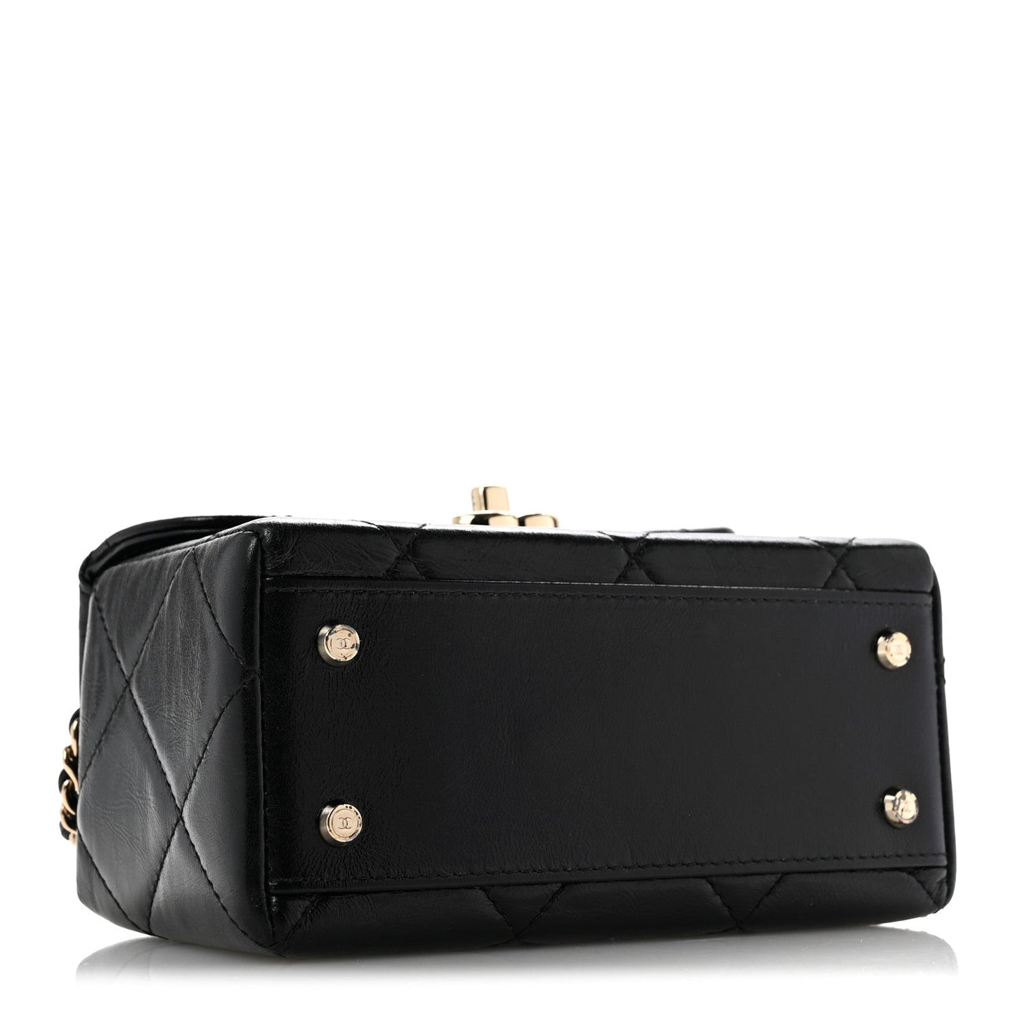 Shiny Calfskin Quilted Top Handle Box Bag Black
